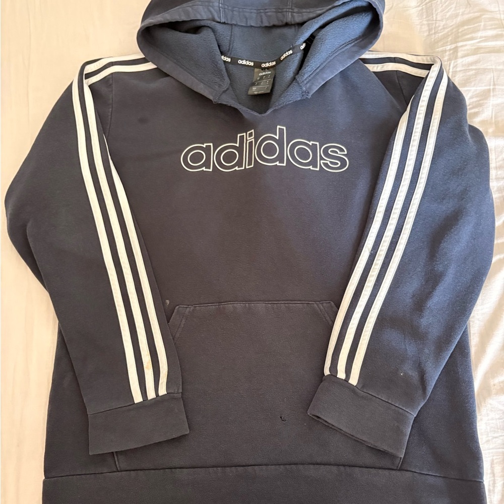 Adidas Men's Dark Blue Hoodie with White Stripes